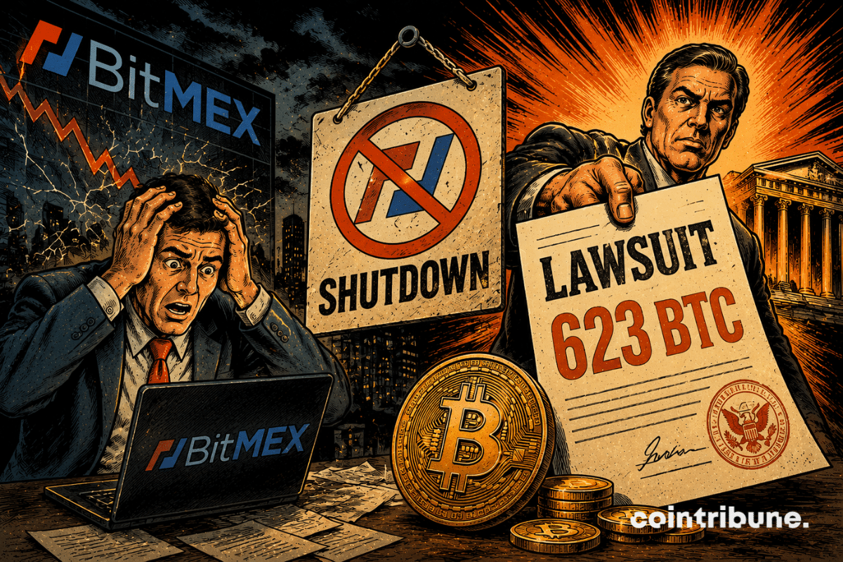 Illustration comics rétro montrant BitMEX confronté à une lourde action en justice, au moment même où la plateforme Bitcoin annonce sa fermeture.