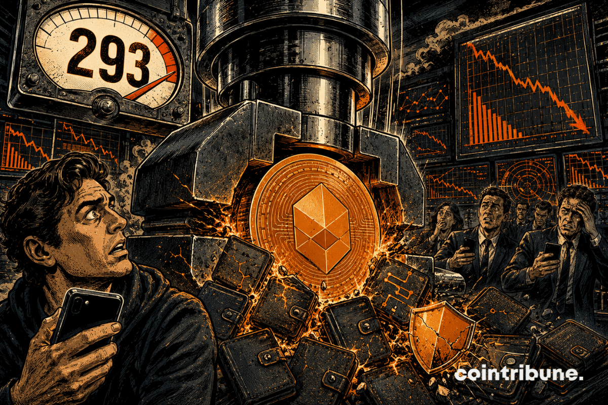 A Bitcoin coin is being crushed by a giant press, surrounded by cracked crypto wallets and a gauge displaying 293.