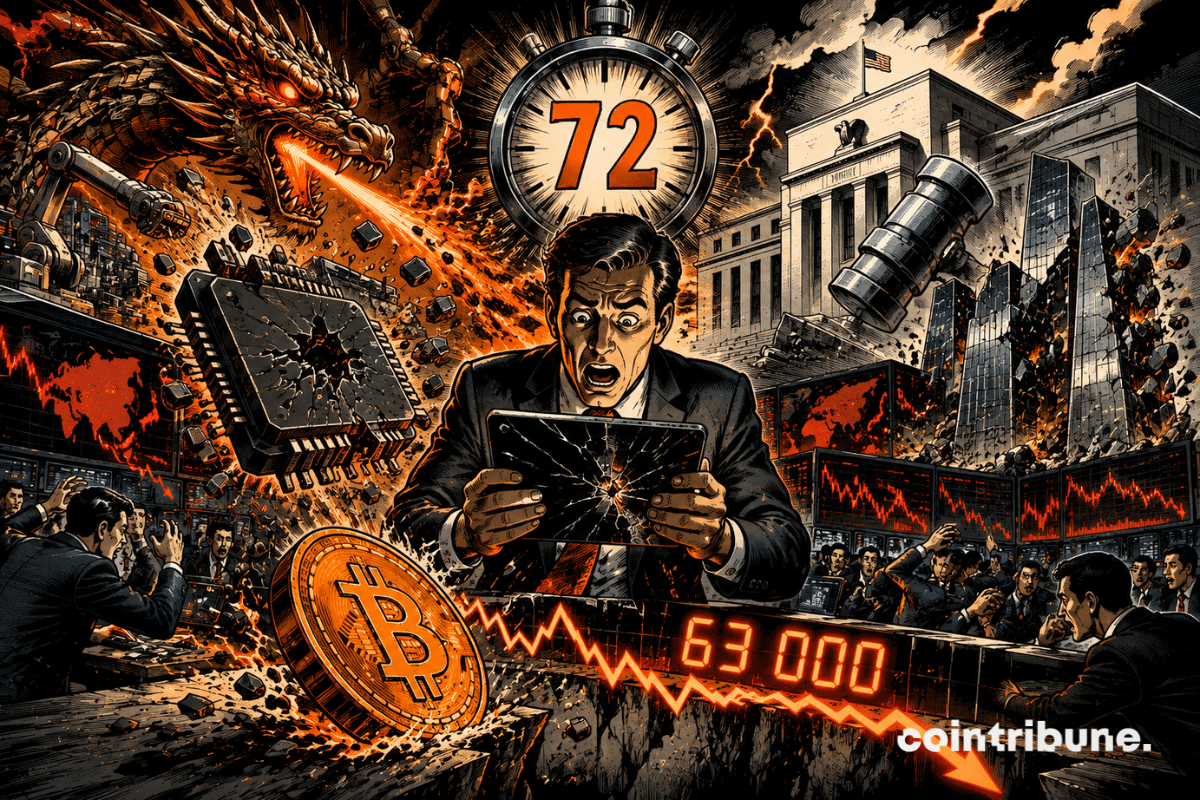 A panicked trader looks at a cracked tablet as Bitcoin falls below 63,000, surrounded by a broken chip, a mechanical dragon, and a clock displaying 72.