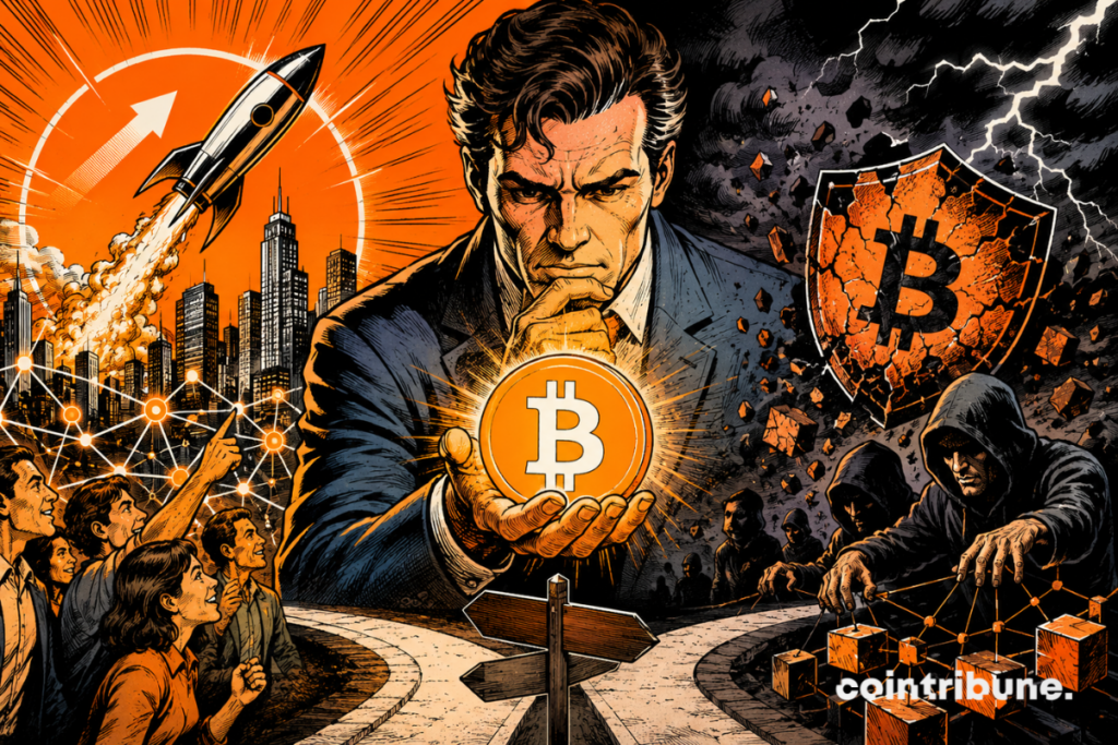 Illustration depicting the debate surrounding Bitcoin's BIP-110, featuring an investor holding a Bitcoin at the center, with one side symbolizing optimism and growth and the other representing the risks of network division and a potential fork.