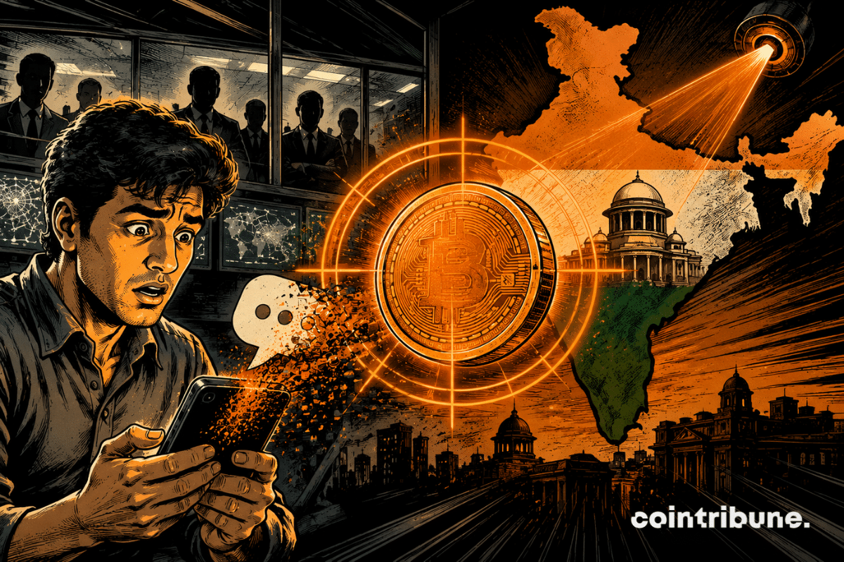 A worried user watches their crypto messaging app disintegrate as an orange crosshair targets Bitcoin in front of a map of India.