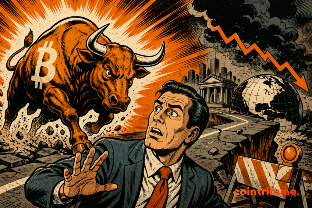 Illustration showing Bitcoin facing a more challenging economic environment, with a bull symbolizing the bull run as rising bond yields and traditional markets increase uncertainty.