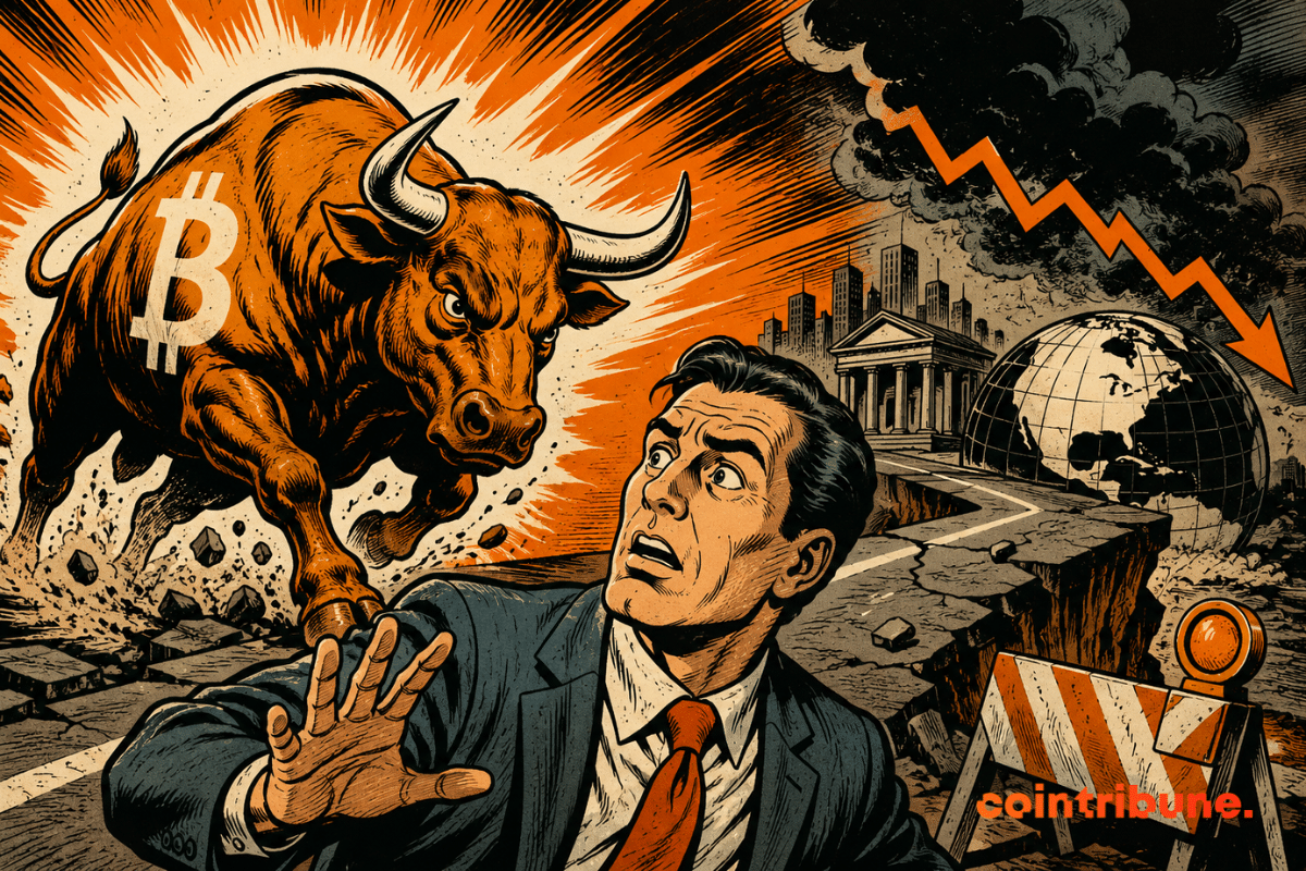 Illustration showing Bitcoin facing a more challenging economic environment, with a bull symbolizing the bull run as rising bond yields and traditional markets increase uncertainty.