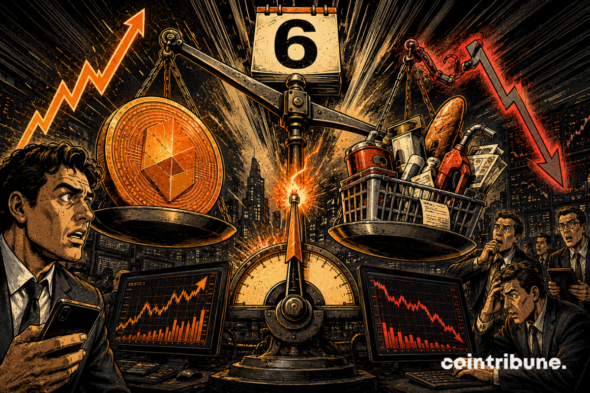 Une pièce Bitcoin tremble sur une balance face à un panier d’inflation, sous un calendrier affichant 6.