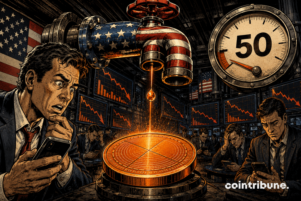 A faucet in American colors releases a faint orange drop onto Bitcoin, beneath a gauge displaying 50.