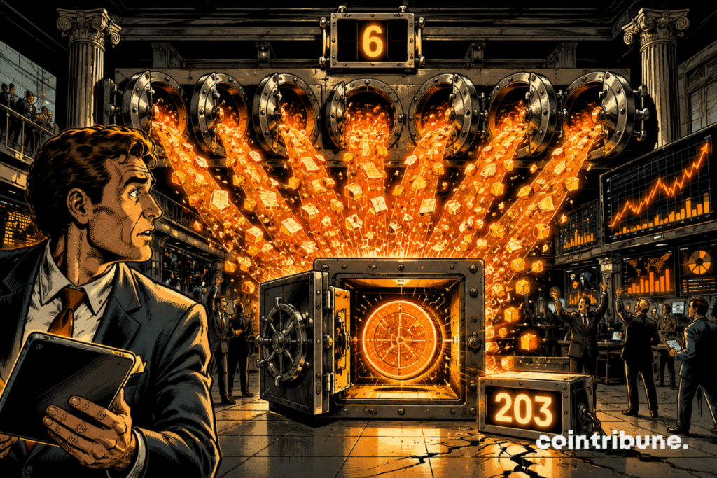 Six vault doors release streams of orange capital toward a central Bitcoin vault, beside a gauge displaying 203.