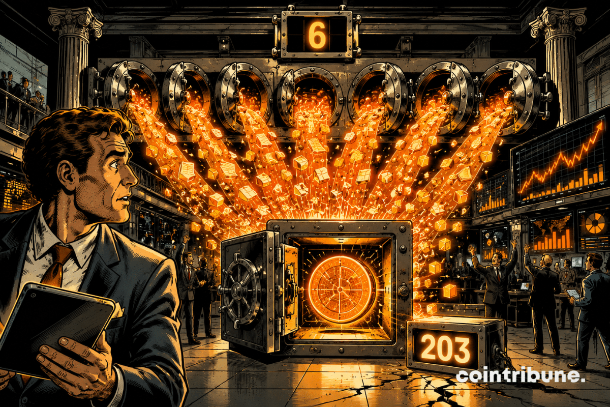 Six vault doors release streams of orange capital toward a central Bitcoin vault, beside a gauge displaying 203.
