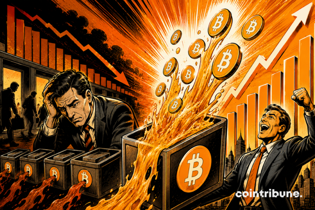 Un investisseur euphorique regarde des pièces de Bitcoin en ébullition.