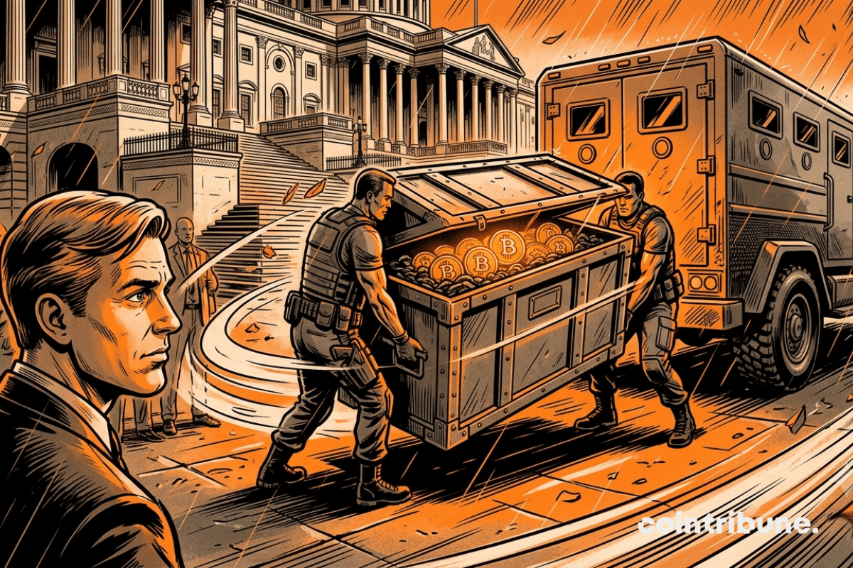 Two federal agents carry a huge, half-open metal crate, revealing several glowing Bitcoin coins. An analyst in a suit observes the scene with a questioning expression, without panic or triumph.