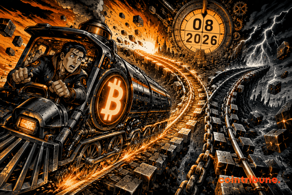 Illustration comics d’un train Bitcoin lancé à pleine vitesse vers une bifurcation de rails, sous une horloge affichant 08 et 2026.