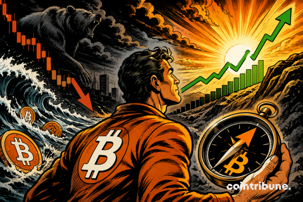 Illustration of Bitcoin facing a potential market reversal, with a bear market giving way to an early recovery signal highlighted by Glassnode.