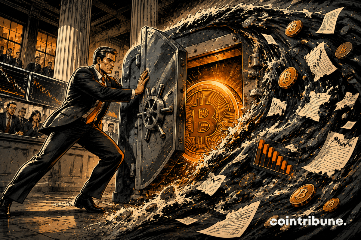 Un gestionnaire protège un coffre Bitcoin lumineux face à une vague sombre de capitaux sortants dans une salle financière.