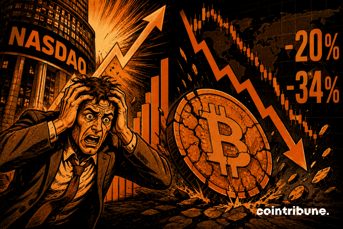 Un investisseur crypto observe simultanément la croissance du Nasdaq et la chute du Bitcoin.