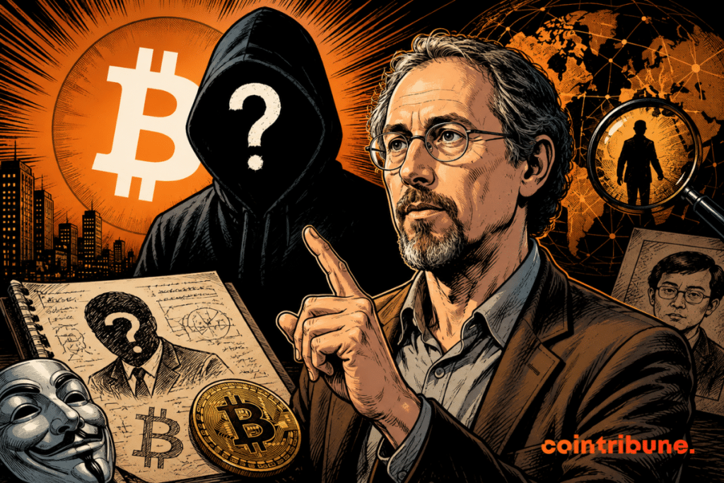 Illustration représentant Adam Back face au mystère de Satoshi Nakamoto, avec le logo Bitcoin, une silhouette anonyme et des indices évoquant l'identité du créateur de Bitcoin.