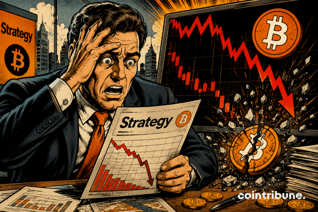 A Strategy representative panics face to face with the Bitcoin drop.