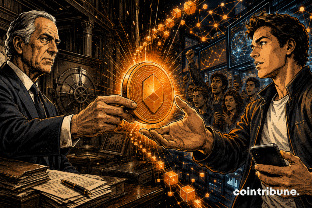 Um investidor mais velho entrega uma moeda de Bitcoin brilhante a um jovem trader cercado por telas e blocos digitais.