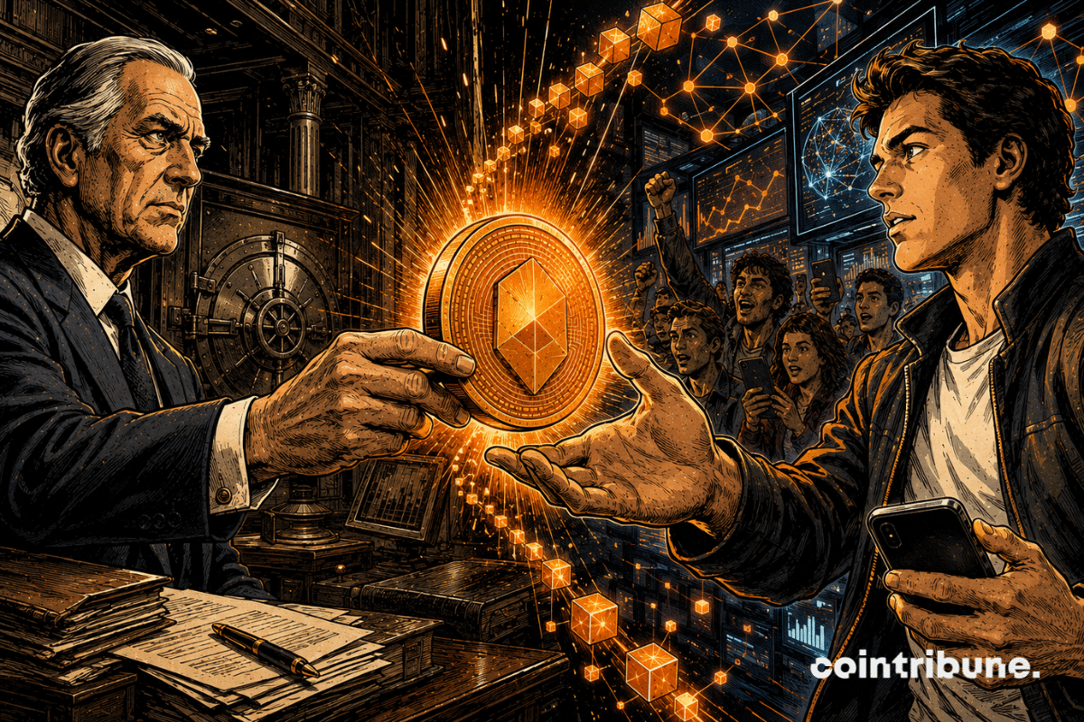 An elderly investor hands a glowing Bitcoin coin to a young trader surrounded by screens and digital blocks.