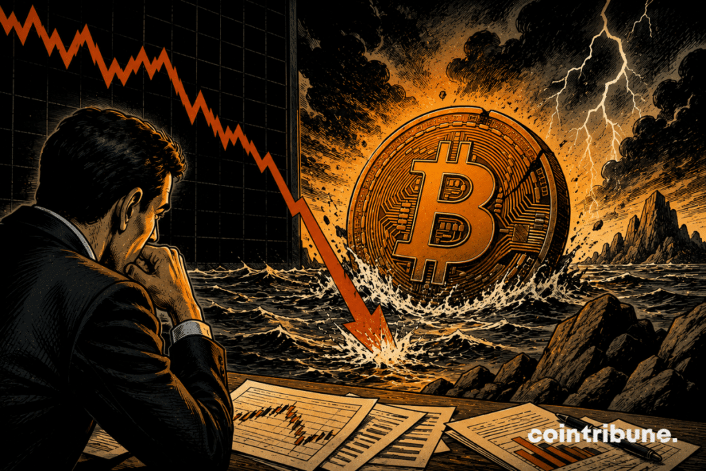Un trader observa la caída de una moneda de Bitcoin.