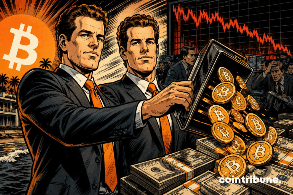 Illustration of the Winklevoss twins transferring Bitcoin with a declining market chart, representing the sale of million in cryptocurrency assets to Gemini.