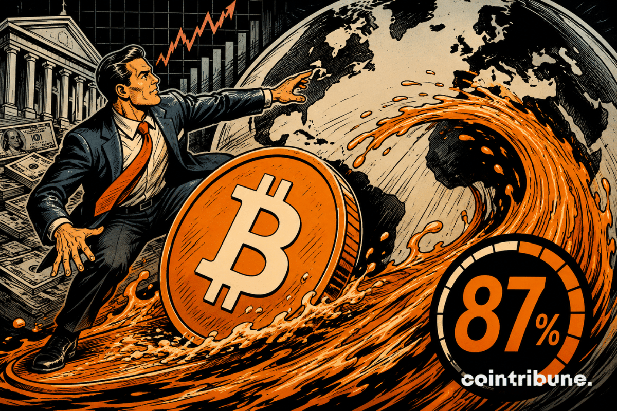 Illustration of Bitcoin riding a wave of global liquidity, featuring an 87% correlation indicator referenced by Raoul Pal.