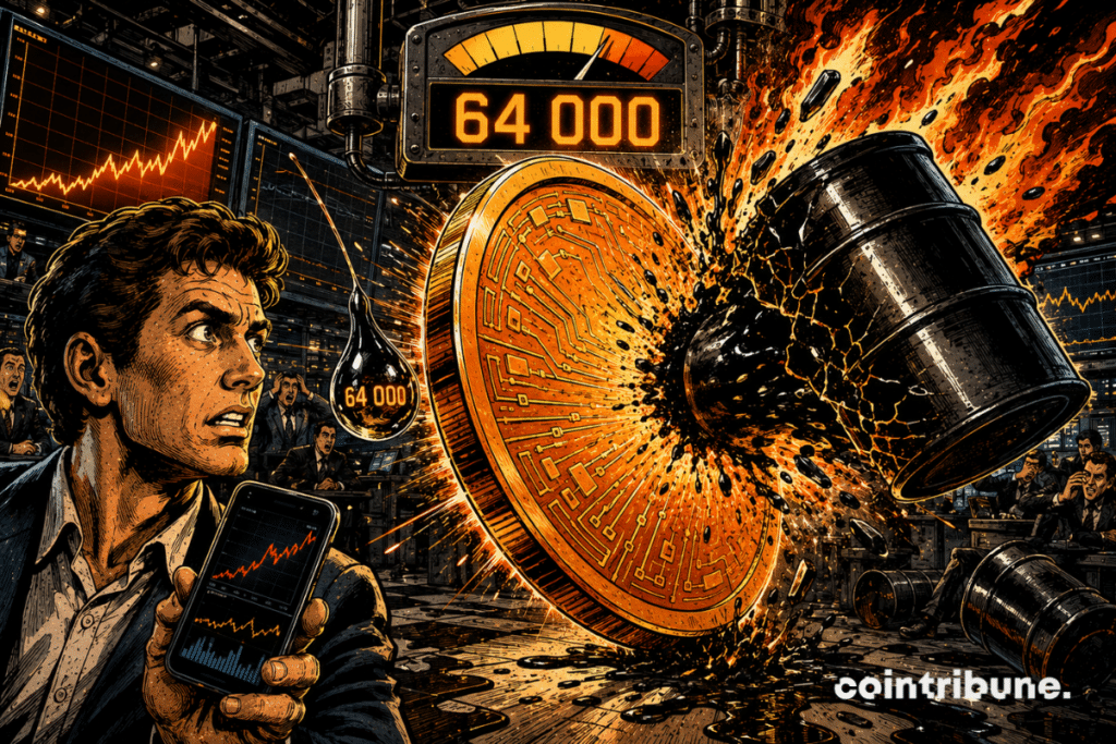 Une pièce Bitcoin fait bouclier face à un baril de pétrole enflammé, sous une jauge affichant 64 000.