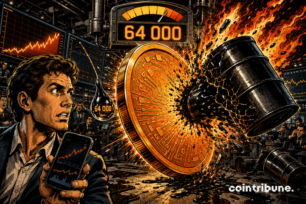 Une pièce Bitcoin fait bouclier face à un baril de pétrole enflammé, sous une jauge affichant 64 000.