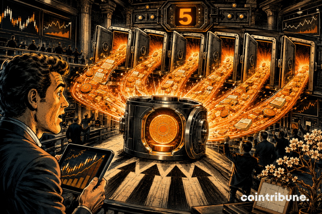 Várias portas de cofres se abrem e despejam fluxos de capital laranja em direção a um cofre central de Bitcoin.