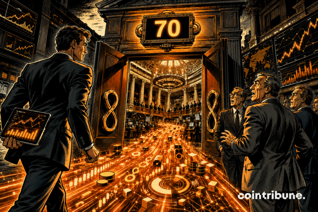 A crypto trader walks through a grand financial doorway marked 70 as orange trading flows enter a traditional market hall.