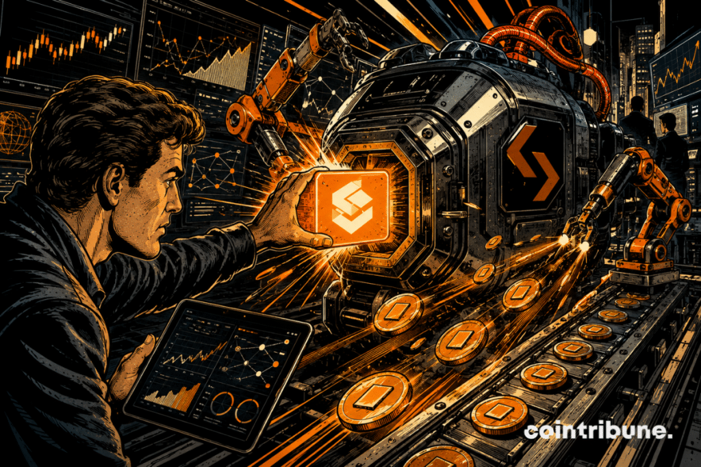 A developer inserts a glowing software module into a trading engine, triggering automated crypto flows and robotic trading arms.