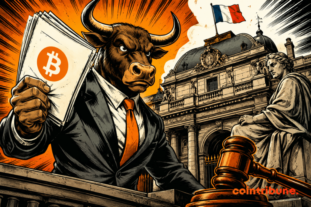 Ilustração da Bull Bitcoin contestando a diretiva DAC8 no Conselho de Estado da França, segurando um documento sobre Bitcoin em frente a um prédio oficial.