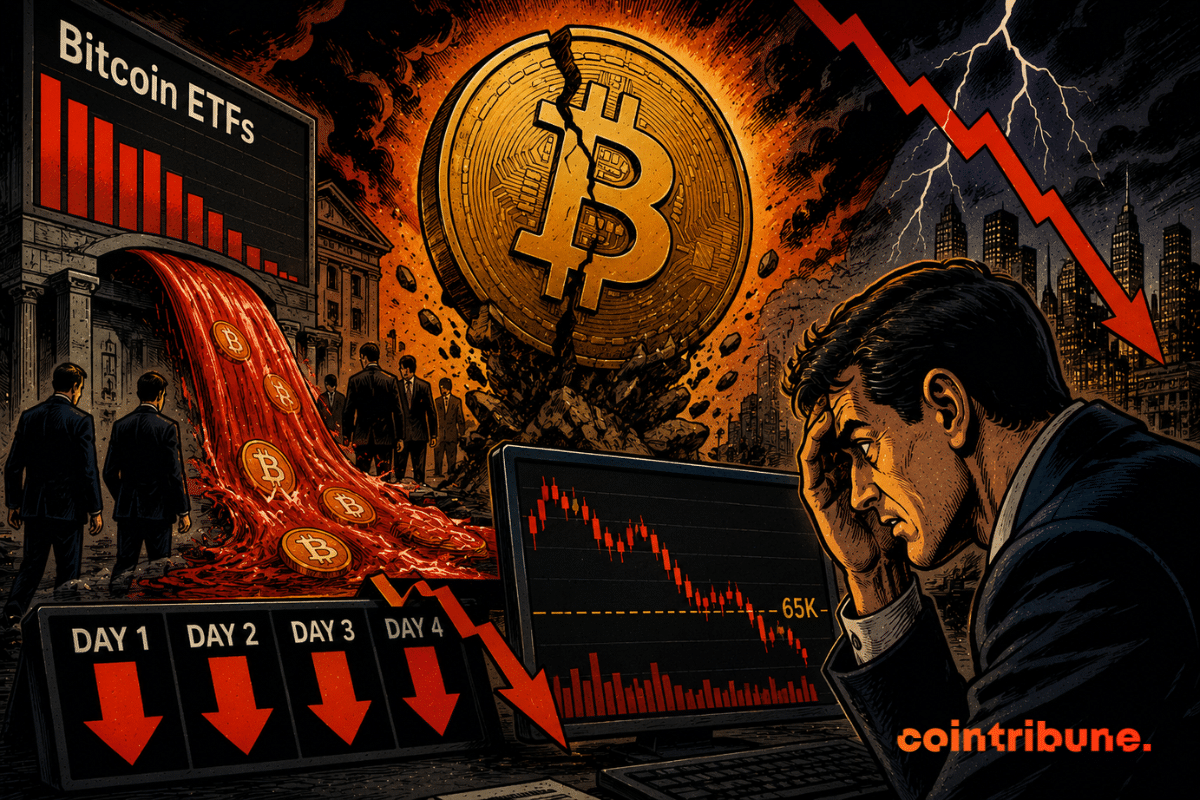 Un investisseur inquiet observe un écran en baisse, tandis qu’un immense bitcoin fissuré domine une scène de panique et d’incertitude générale.