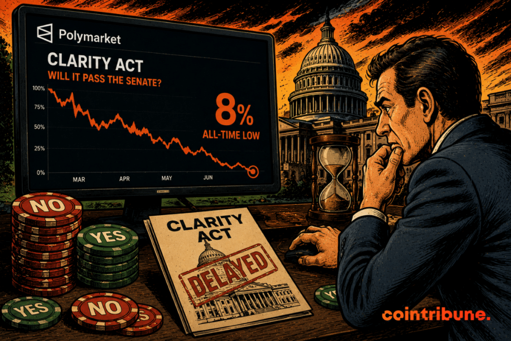 Des traders parient contre l’adoption du CLARITY Act, tandis que l’incertitude politique renforce leur pessimisme avant un vote décisif attendu.