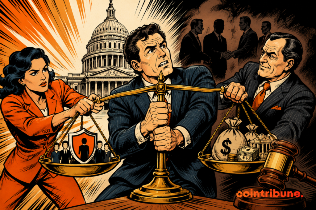 Illustration depicting the tensions surrounding the CLARITY Act, with scales balancing investor protection against financial interests in front of the U.S. Capitol.