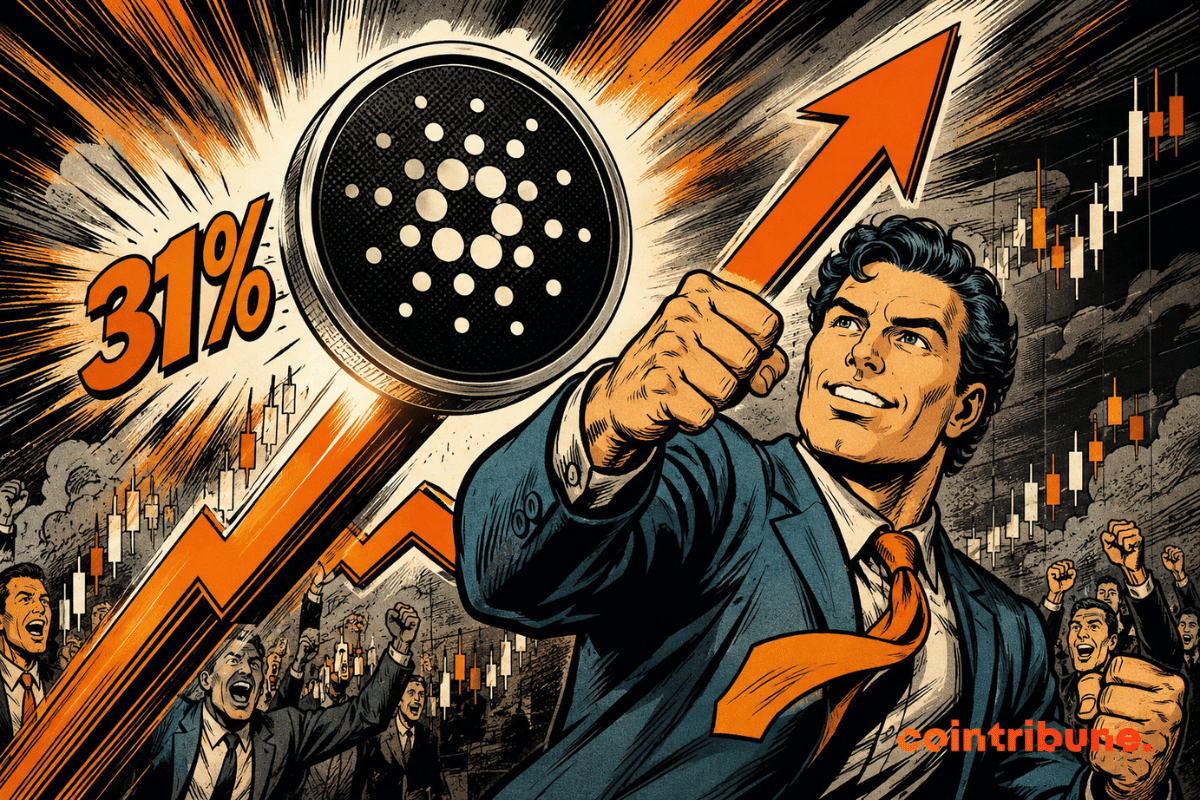 Illustration of Cardano showing a 31% price surge, featuring the ADA logo, an upward arrow, and trading charts symbolizing the return of buyers.