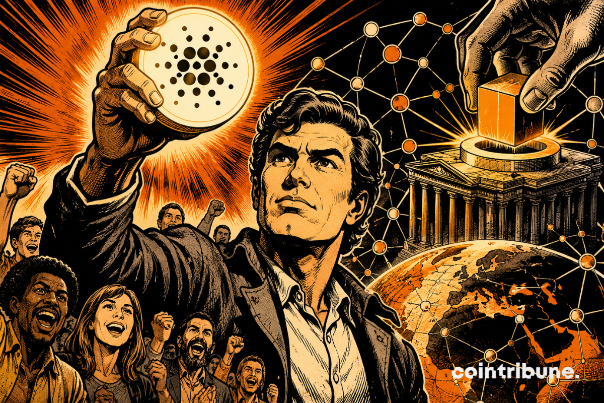 Illustration représentant Cardano après son premier hard fork entièrement gouverné on-chain, avec un jeton ADA, un réseau blockchain et un vote décentralisé.