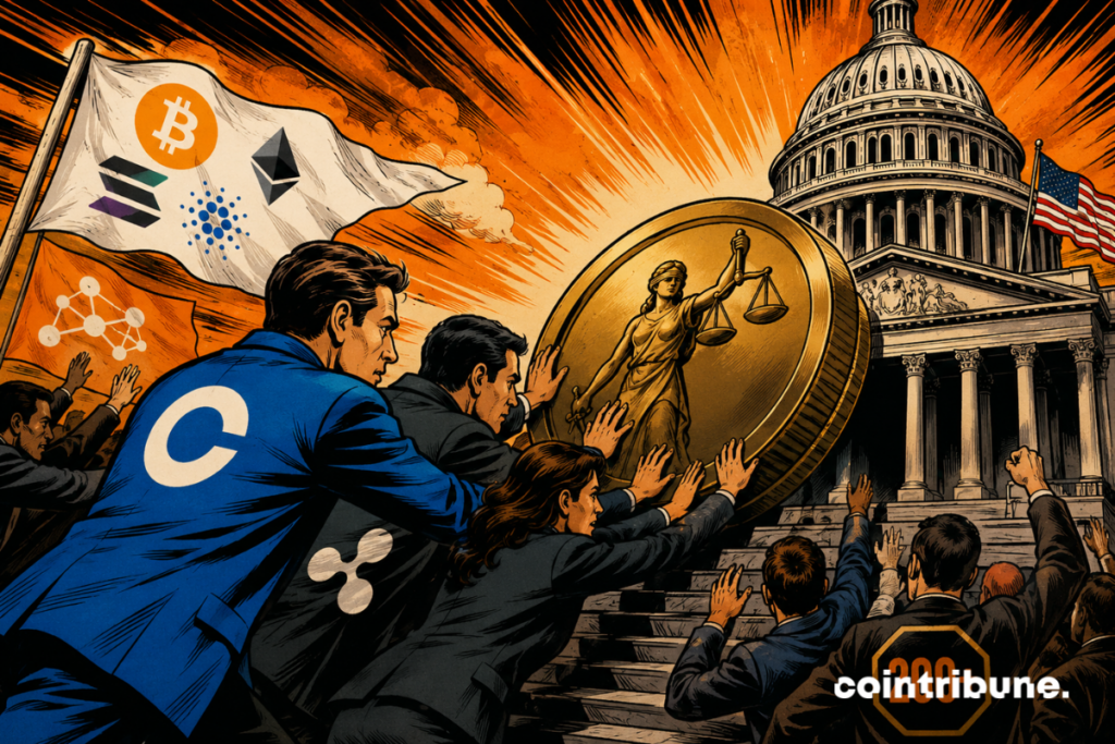 Illustration showing Coinbase, Ripple and the Crypto industry outside the U.S. Capitol supporting the CLARITY Act and calling for a clearer regulatory framework for digital assets.