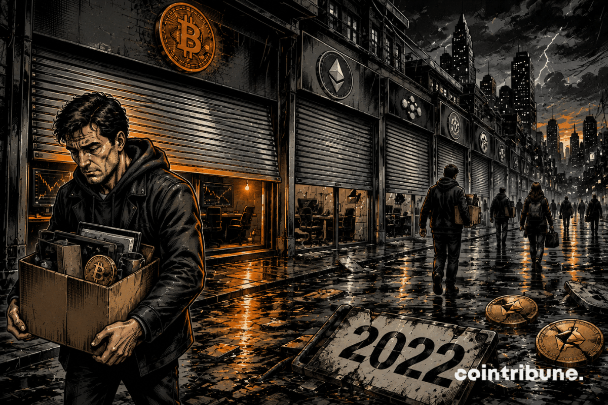Un homme épuisé quitte une rue de boutiques crypto fermées, sous la pluie, avec un panneau brisé affichant 2022.