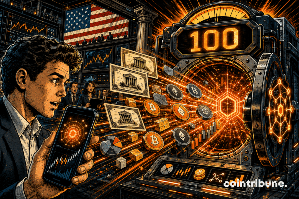 A trader watches tokenized US stocks and crypto assets flow into a glowing unified account vault marked 100.