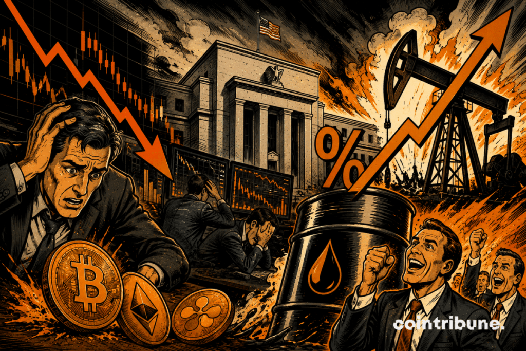 Des traders observent simultanément la chute du marché crypto et la flambée des prix du pétrole.