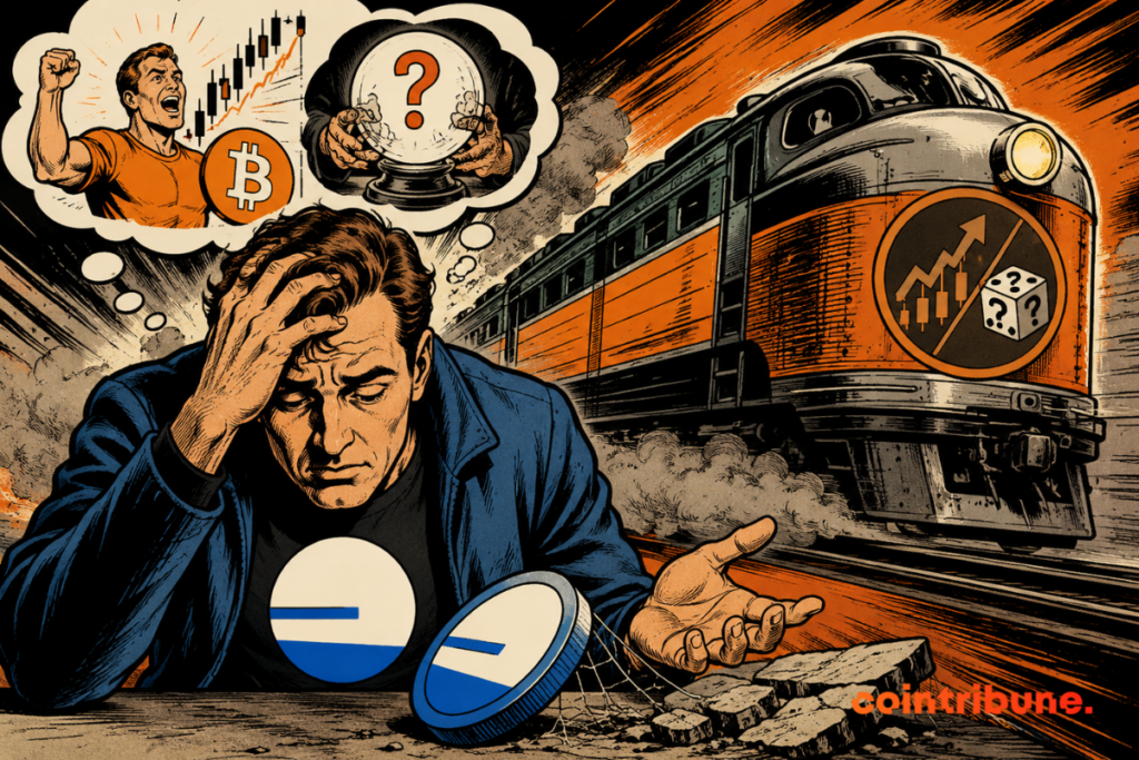 Illustration depicting Jesse Pollak looking concerned after acknowledging Base's strategic mistakes, while a train symbolizes the network's delay in perpetual futures and prediction markets within the crypto ecosystem.