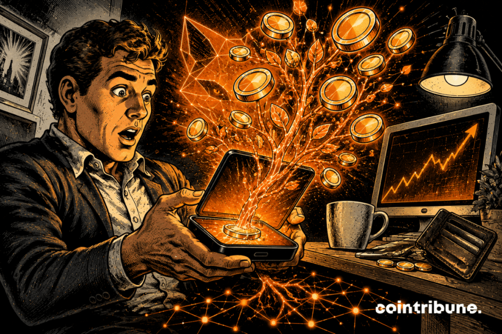A user watches a plant made of crypto coins grow from their smartphone, symbolizing an interest-bearing money account.