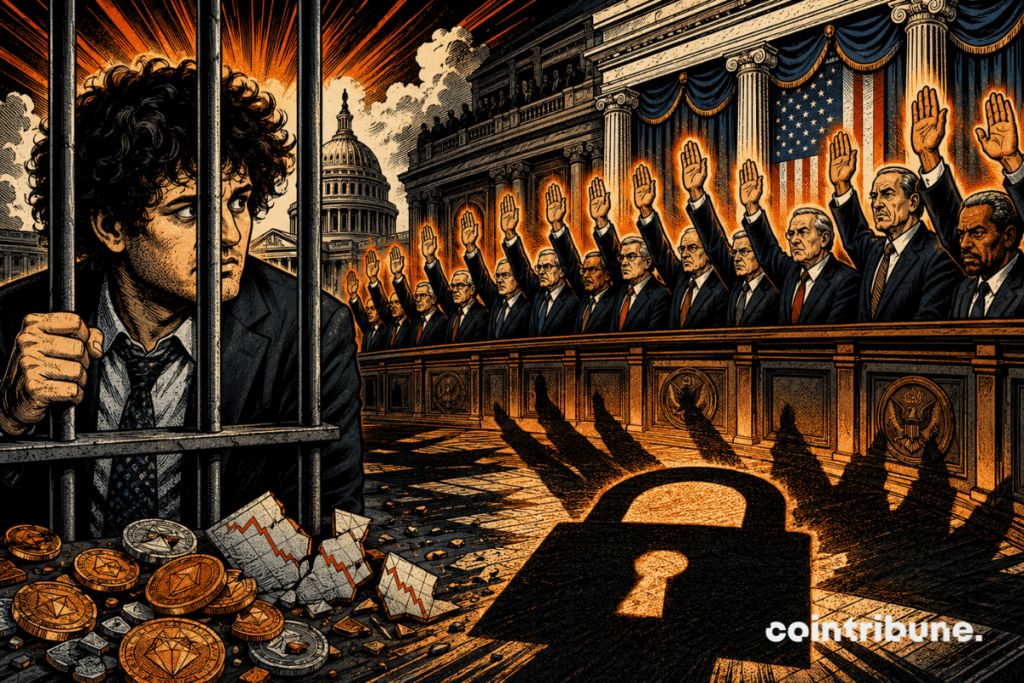 Sam Bankman-Fried apparaît isolé derrière des barreaux, face à des sénateurs américains levant tous la main en signe de refus.