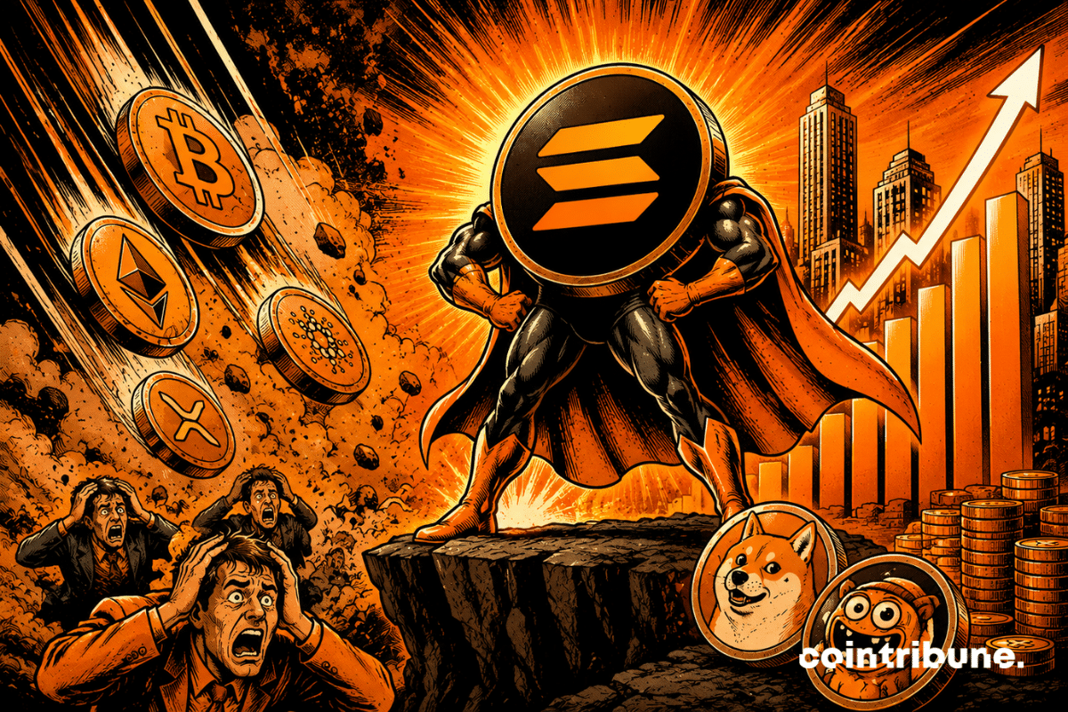 A crypto hero representing Solana resists the altcoin crash.