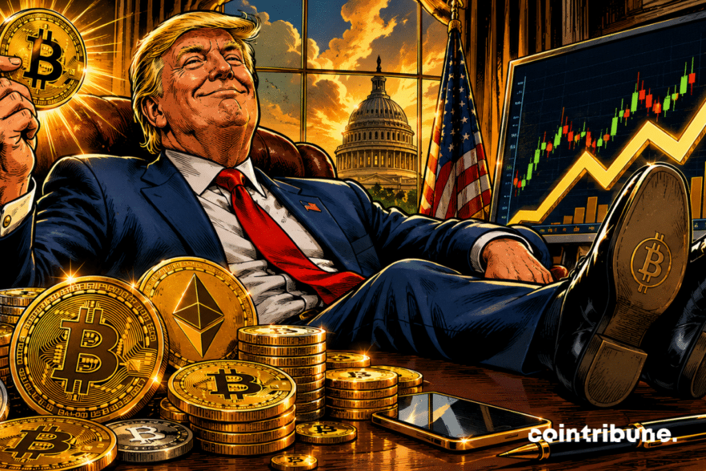 Donald Trump entouré de pièces crypto est assis dans le bureau ovale.