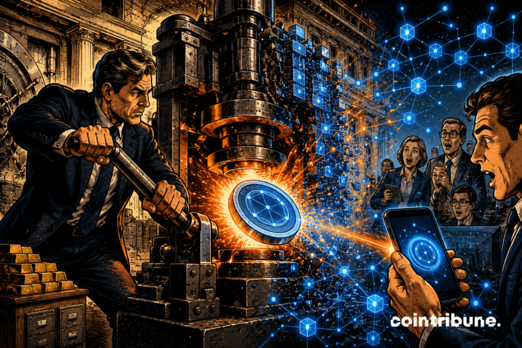 A banker mints a digital crypto coin that reaches a smartphone through a blockchain network.