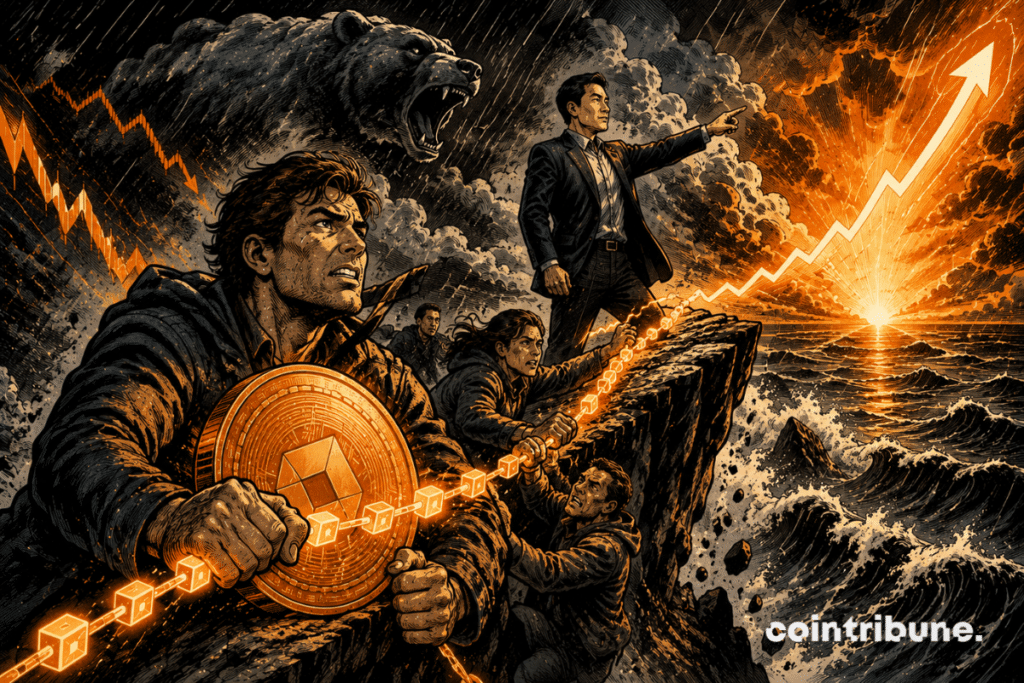 Crypto holders cling to a Bitcoin coin in the middle of a storm, while an analyst points to a rising orange arrow.