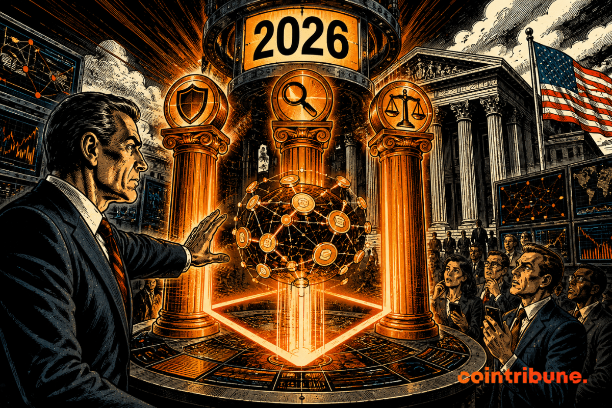Un régulateur américain active trois piliers lumineux autour d’un globe crypto, sous un cadran affichant 2026.