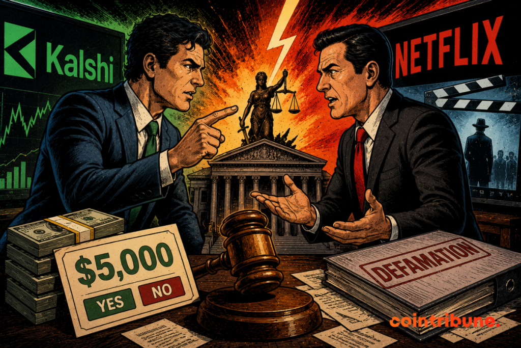 Two men face off in court, surrounded by money, legal documents, a judge’s gavel, and dramatic flashes of lightning against an urban backdrop.