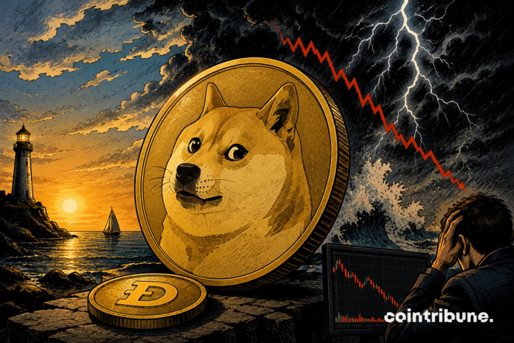 A trader in turmoil observes the Dogecoin market.