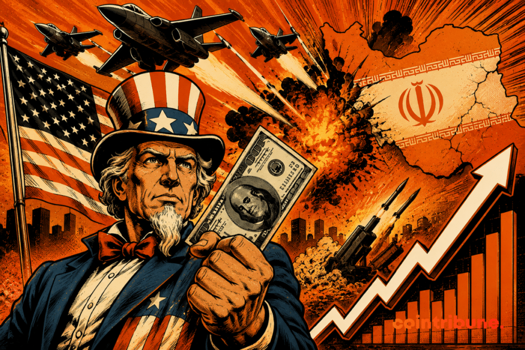 Uncle Sam holds a dollar bill in his hand.